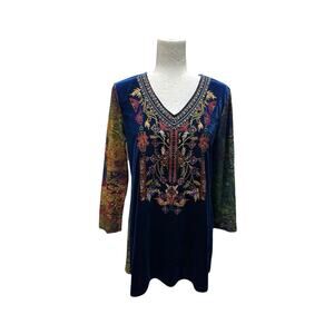 Calessa Velvet Embroidered V Neck 3/4 Sleeve Tunic Blue Boho Peasant Size Small